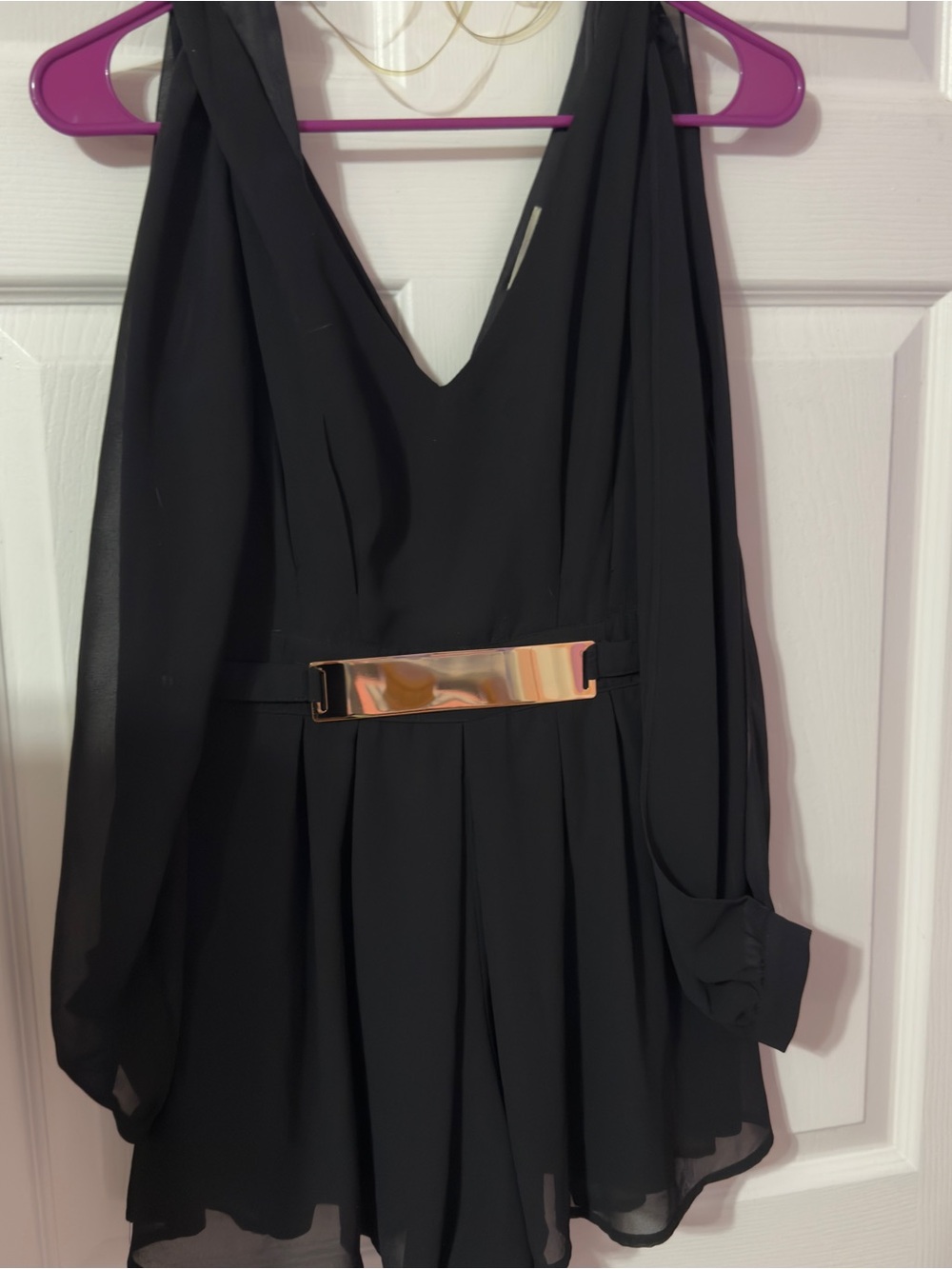 Black Chiffon Mini Romper with Gold Waist Accent